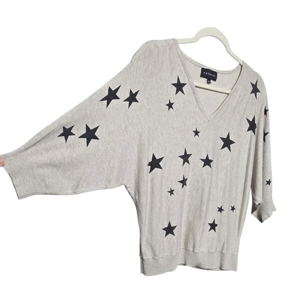 PREMISE Star Sweater Dolman 3/4 Sleeve Sz Large Oatmeal & Black - Picture 2 of 8